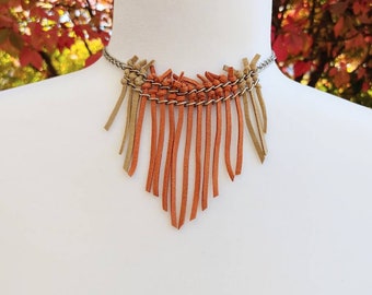 Tribal fringe necklace, Fringe choker. Suede leather necklace, Statement necklace, tan & orange leather, Native American necklace, Boho