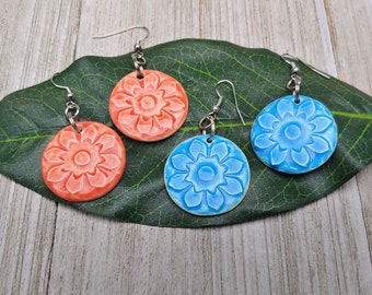 Summer earrings. Colorful earrings. Porcelain earrings. Floral drop earrings. Ceramic earrings. Coral. Aqua blue. orange. Turquoise