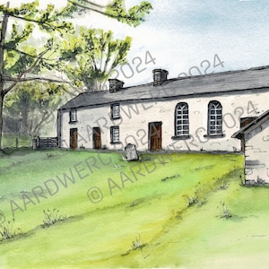 Stampa ad acquerello gallese della cappella di Soar-y-mynydd, Galles centrale