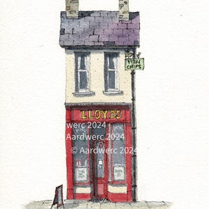 Quirky Watercolour Print of Lloyds Fish & Chip Shop in Lampeter, West Wales