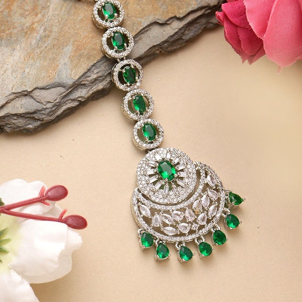 American Diamond Maang tikka - Ruby Red, Sapphire Blue, Emerald Green / Indian Jewellery / Pakistani Wedding Bridal CZ Zirconia maangtika