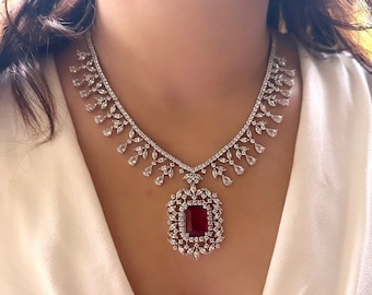 Red Zirconium Faux Diamond pendant Set, Silver plated CZ Necklace Set,American diamond,Indian jewellery, party wear, pendant earrings