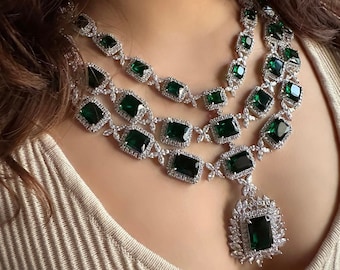 Three layer Emerald Green Faux Diamond High Quality Necklace set Indian Bridal wedding jewellery American diamond Multilayered cz Zircon