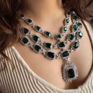Three layer Emerald Green Faux Diamond High Quality Necklace set Indian Bridal wedding jewellery American diamond Multilayered cz Zircon image 1