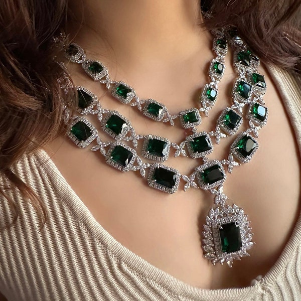 Three layer Emerald Green Faux Diamond High Quality Necklace set Indian Bridal wedding jewellery American diamond Multilayered cz Zircon