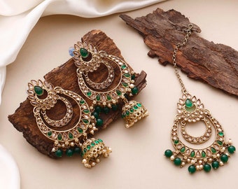 Emerald Green Polki Maang Tikka and Earring Set / Bridal jewellery / Indian Pakistani Wedding jewelry / Sabyasachi Bollywood inspired