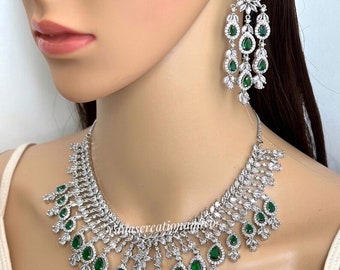 Emerald Green Faux Diamond High Quality Necklace set/Indian Bridal jewellery/Cz Diamond Emerald Necklace Set/Necklace and earrings/kundan
