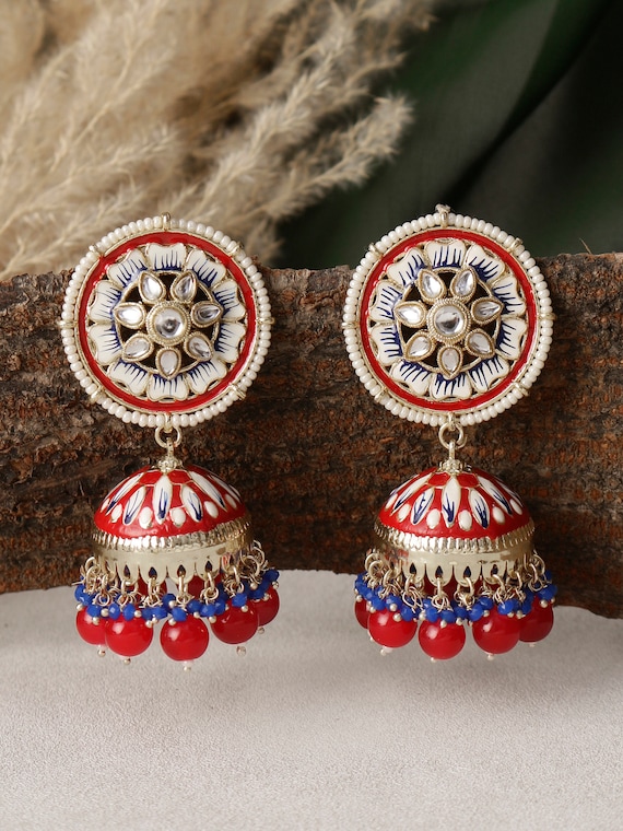 J0245 Temple Kemp Red Green Fancy Antique Jhumka Earrings Buy Online |  JewelSmart.in