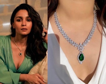 Alia Bhatt inspired American diamond Doublet Pendant set in Emerald green ,Cz pendant ,Silver plated,Indian jewellery,prom jewelry