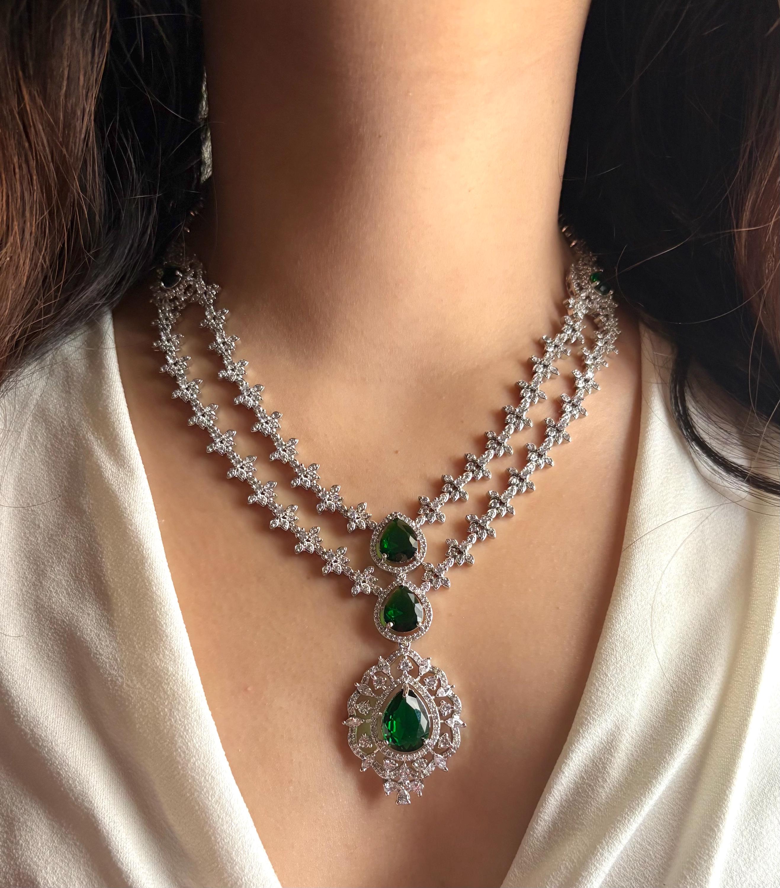 ISHANI Two Layer Emerald Green American Diamond Necklace and