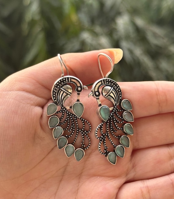 Blue Stone Peacock Design Unique Hook Earrings Indian Ethnic