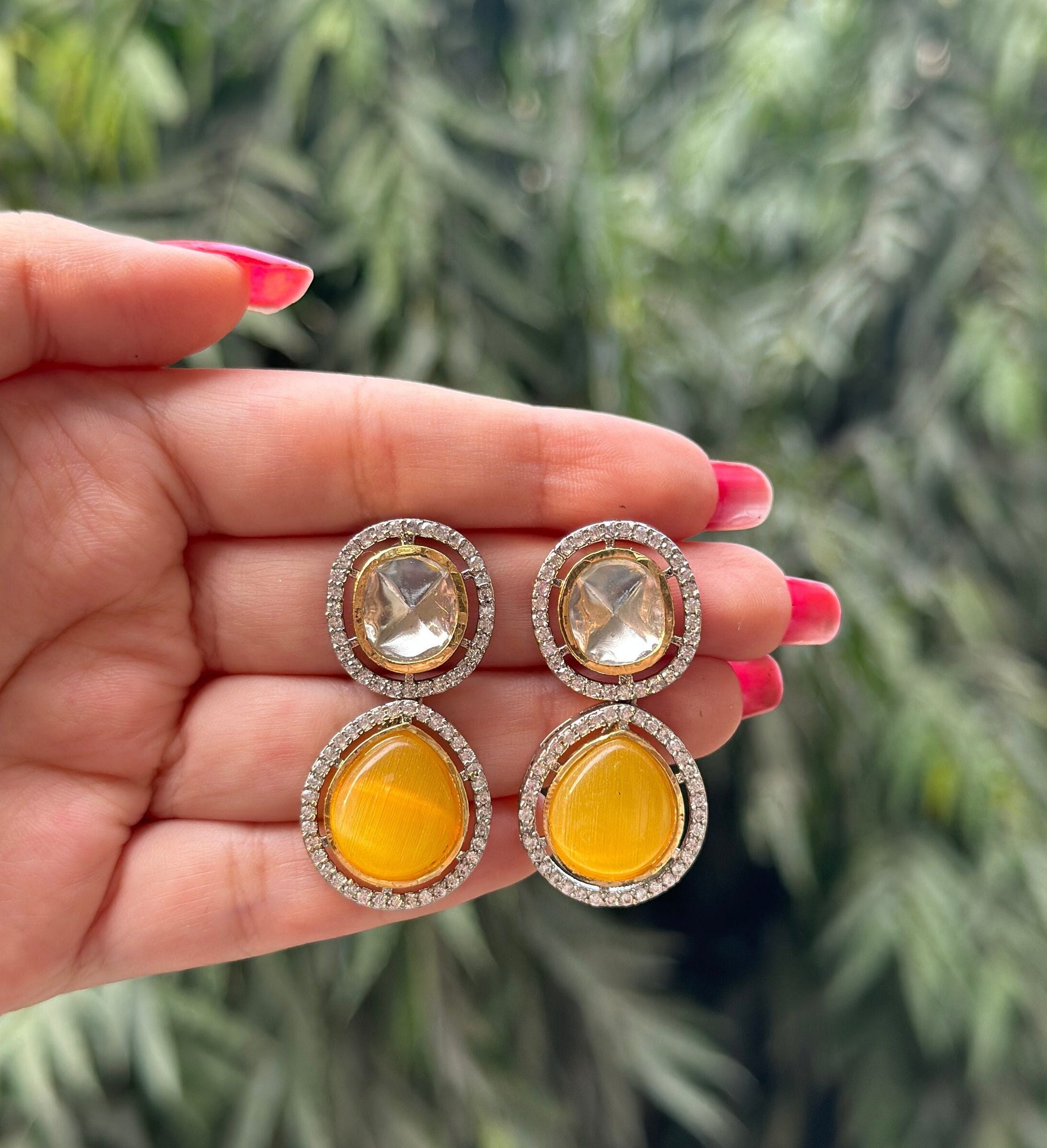 Natasha Yellow Stone diamond Danglers Earrings | Gemzlane