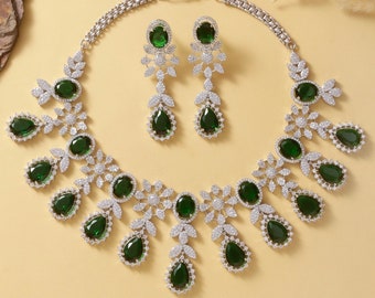 Emerald Green American Diamond Necklace Earrings indian - Etsy