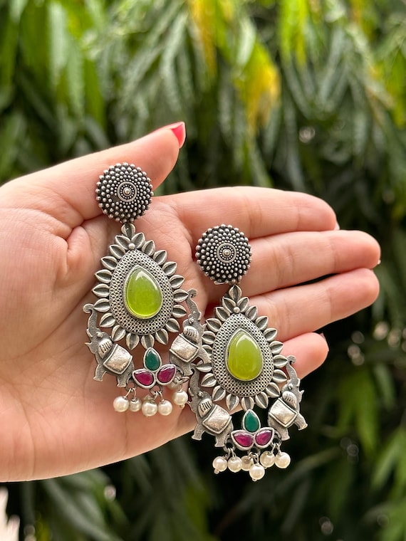 Dual Peacock German Silver Earrings- South India Jewels- Online Shop