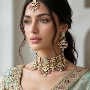 May include: A gold-toned jewellery set featuring a choker necklace, drop earrings, and a maang tikka. The pieces are adorned with light green and pink stones, small white pearls, and intricate metalwork, worn with a light green embroidered garment.