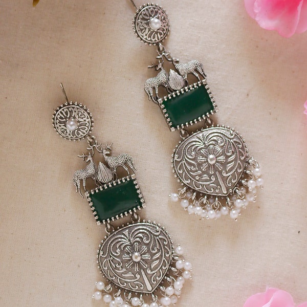 Green stone Silver Ethnic earrings long ambi design / Pakistani jewellery wedding function indian jewelry casual jhumkas german silver