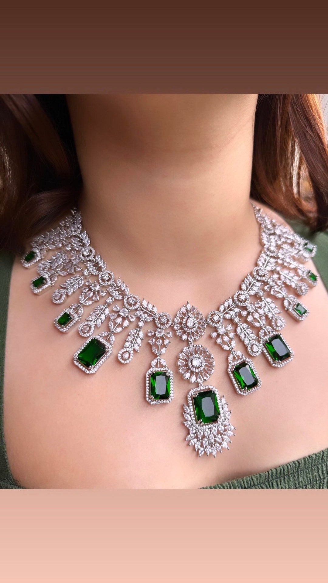 Emerald Green Zirconium Faux Diamond Necklace Setsilver Etsy