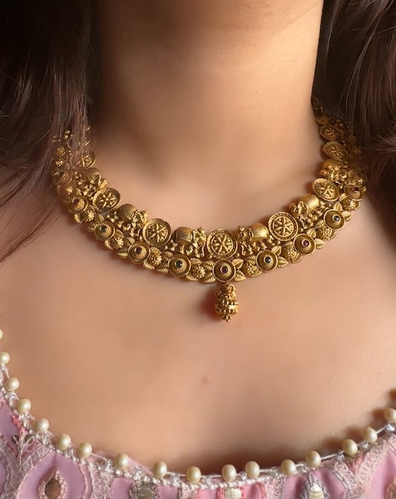 Temple jewellery South indian jewellery high quality handmade matt gold necklace set choker earrings wedding bridal