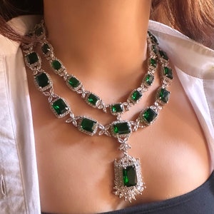 Two layer Emerald Green Faux Diamond High Quality Necklace set, Indian Bridal jewellery, American diamond, CZ Zircon, kundan, Dark Green