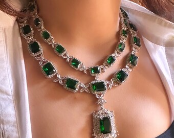 Conjunto de collar de alta calidad de diamantes sintéticos verdes esmeralda de dos capas, joyería nupcial india, diamante americano, circonita CZ, kundan, verde oscuro