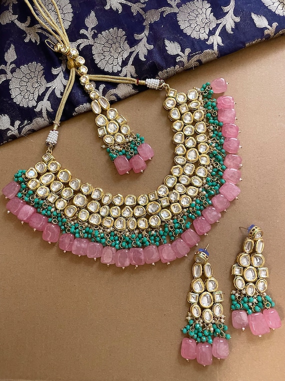 Mint Green Pink Kundan Heavy Look Bridal Necklace Set With Earrings and Maang Tikka punjabi Wedding pakistani Nikaah Jewellery Etsy Canada
