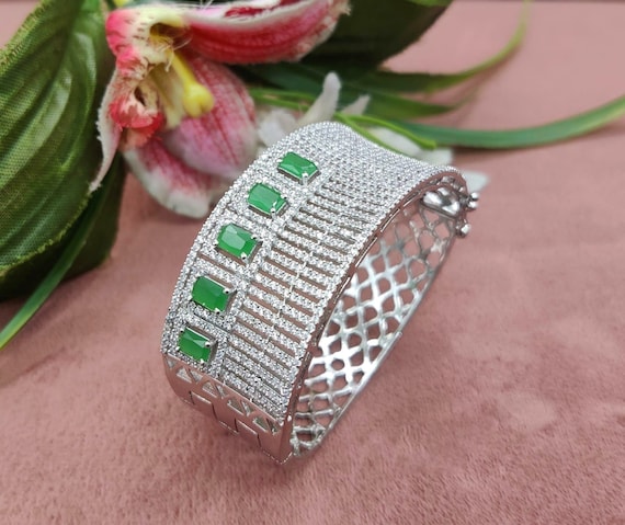 Green CZ Diamond Elegant Designer Handmade Bracelet Openable Faux Diamond Bracelet wedding Bangle Engagement Jewellery Ruby Bracelet Etsy