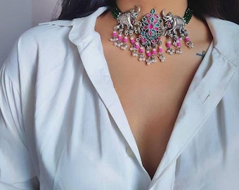 Indian Jewelery traditional jewellery,ethnic,stones and pearls necklace set,handmade,German Silver