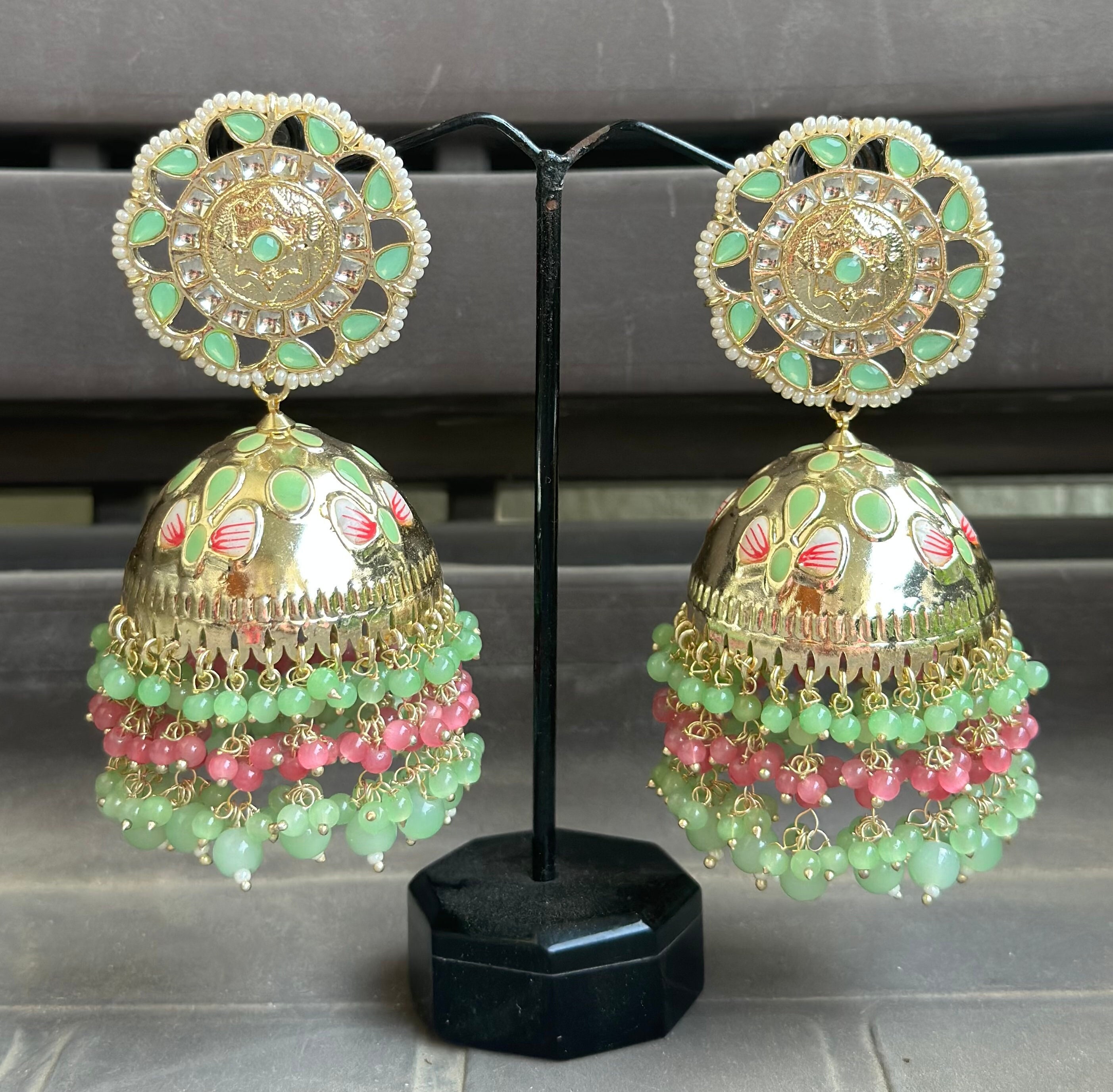 Green colour jhumka best sale earrings
