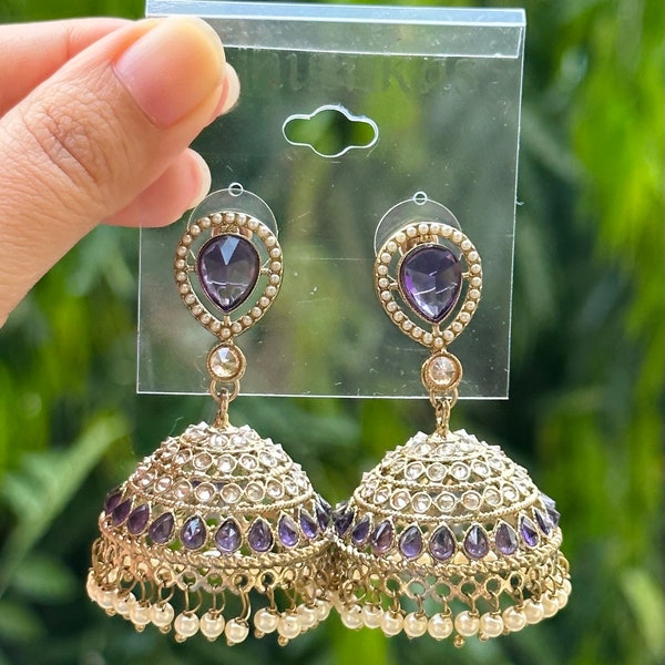 Deep Purple Polki Ethnic Jhumkas Indian Earrings Pakistani Jewellery Bollywood Fashion Designer Punjabi Handmade Item Light Jewelry