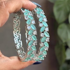 ALIZA mint green American diamond bangle set, AD bangle set of 2 zircon bangles,Indian pakistani bridal jewellery,mint green colour bangles