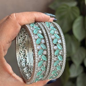 ALIZA mint green American diamond bangle set, AD bangle set of 6 zircon bangles,Indian pakistani bridal jewellery,mint green colour bangles