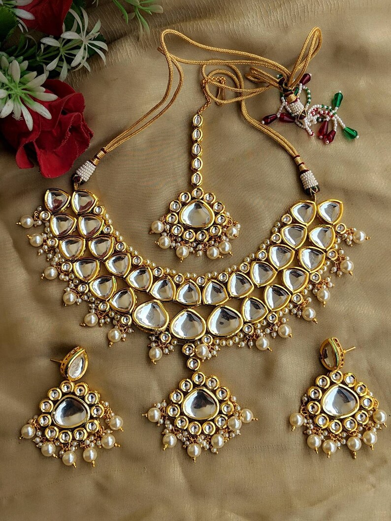 Indiano Bollywood Sposa Matrimonio Oro Moda Gioielli Collana Orecchini Set