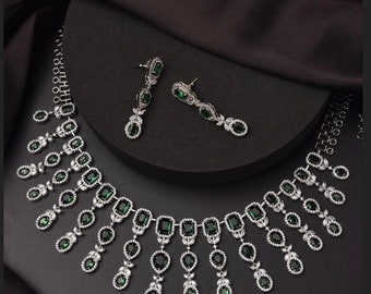 Indian Bridal Emerald Green Diamond Replica Necklace Set with Kundan Earrings - CZ Diamond Jewelry for a Stunning Look