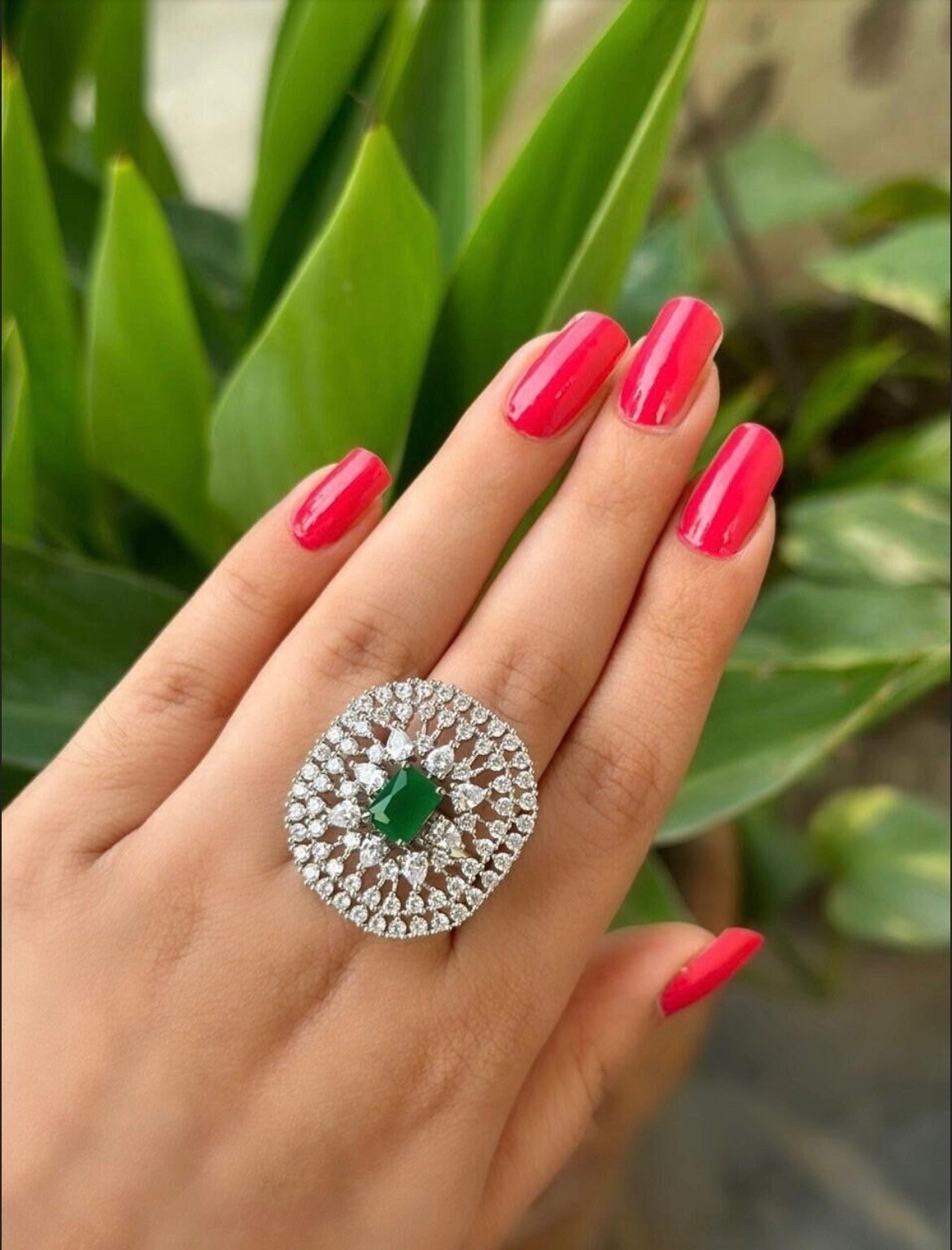 Quelita Ring with Round Emerald, SI Diamond | 1.24 carats Round Emerald  Cocktail Ring in 14k White Gold | Diamondere