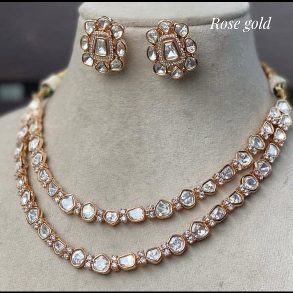 Rose gold uncut polki necklace set, high quality,double layer, kundan faux diamond necklace studs, wedding jewellery, party wear,Moissanite