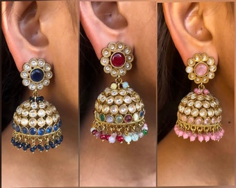 Dark blue, multicoloured, pink jhumkas Statement Kundan earrings / indian jhumka earrings / Pakistani Wedding / Navratri polki jewelry