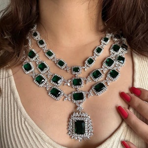 Three layer Emerald Green Faux Diamond High Quality Necklace set Indian Bridal wedding jewellery American diamond Multilayered cz Zircon image 3