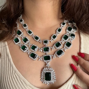 ZOYA Three layer Emerald Green Faux Diamond High Quality Necklace set, Indian Bridal jewelry, multilayer necklace set