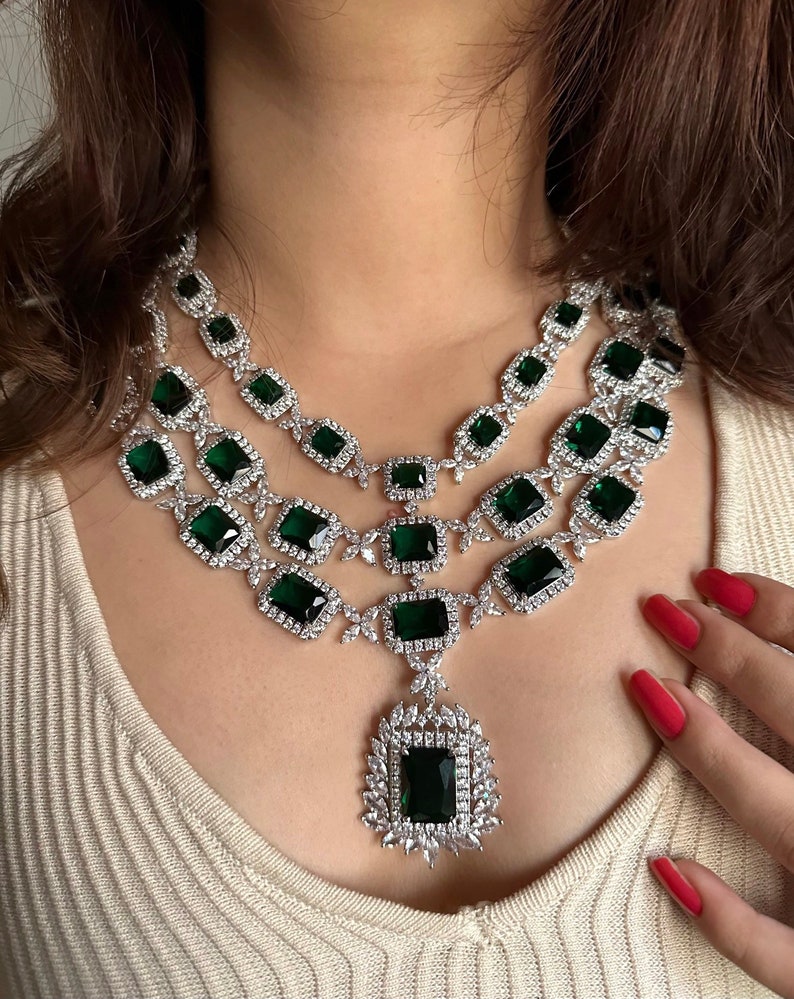 Three layer Emerald Green Faux Diamond High Quality Necklace set Indian Bridal wedding jewellery American diamond Multilayered cz Zircon image 3