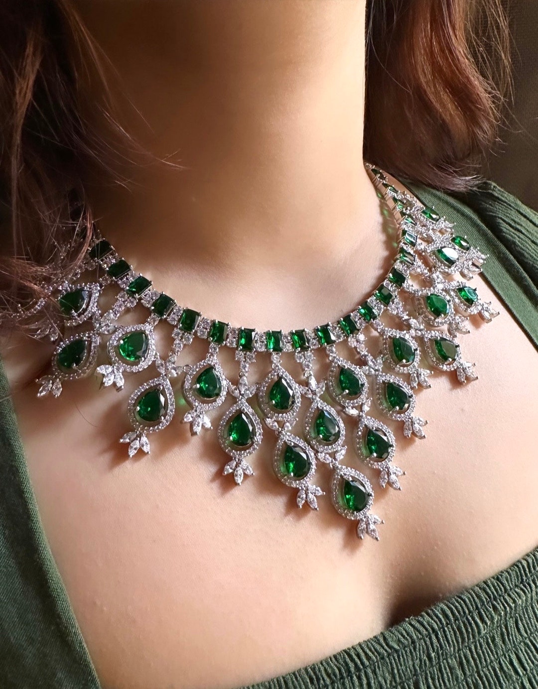Emerald Green American Diamond Necklace Earrings ,indian Bridal
