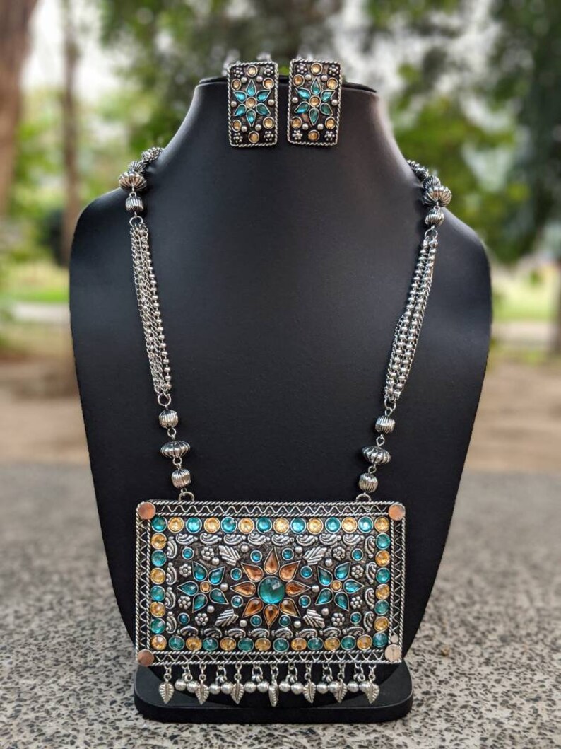 high quality handmade Afghani Jewelery German Silver boho Jewelery,tribal necklace glass stones Afghani necklace and earrings