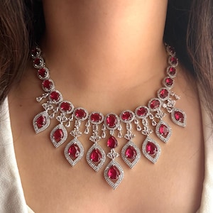 NIVI Red CZ Necklace American Diamond Necklace earrings set, Pakistani Jewelry,ruby red colour Bollywood jewelry