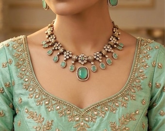 RYSA Sabyasachi inspired mint green kundan and zircon sleek necklace set in mehndi golden polish ,Indian victorian style jewelry