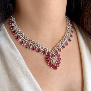 SAISHA Red and silver Necklace set /Indian Bridal jewellery/Cz Diamond Necklace and earrings / Pakistani Wedding jewelry