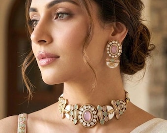 SIERA Sabyasachi inspired mint pink kundan choker with Earrings, Indian Pakistani traditional wedding jewelry, gold tone necklace set