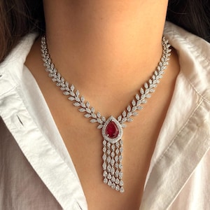 VIVIAN Ruby red CZ Necklace American Diamond Necklace Indian Jewelry Indian Necklace red diamond look Necklace and earrings