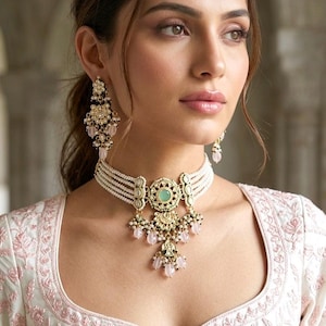 May include: An ornate necklace and matching earrings set. The necklace features multiple strands of white pearls, a central gold pendant with a green stone, and dangling pink accents. The earrings mirror the necklace design. The jewelry is worn with a white top.