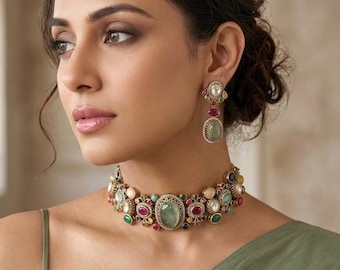 ISHANI Sabyasachi inspired multicoloured cabochons Regal kundan choker necklace set with green centre stone,Navratna style jewelry