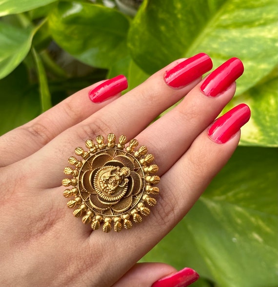 Gold Plated Ring India Temple Ring Antique India Jewelry Ring India Gold  Jewelry Temple Jewelry South India Gold Jewellery Big Ring Women 