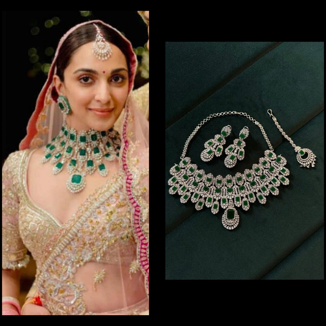 Kiara Advani Celebrity Inspired Heavy Bridal Emerald Green Zirconium ...